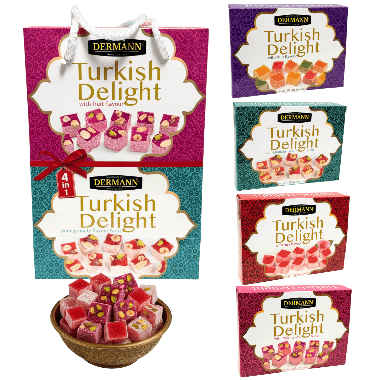 4-in-1 Geschenkset – Premium Qualität Turkish Delight - Lokum – Rose, Früchtemix, Nuss & Granatapfel – 4x100g, Ohne Palmöl & Glukosesirup – In dekorativer Geschenktasche mit Trageband