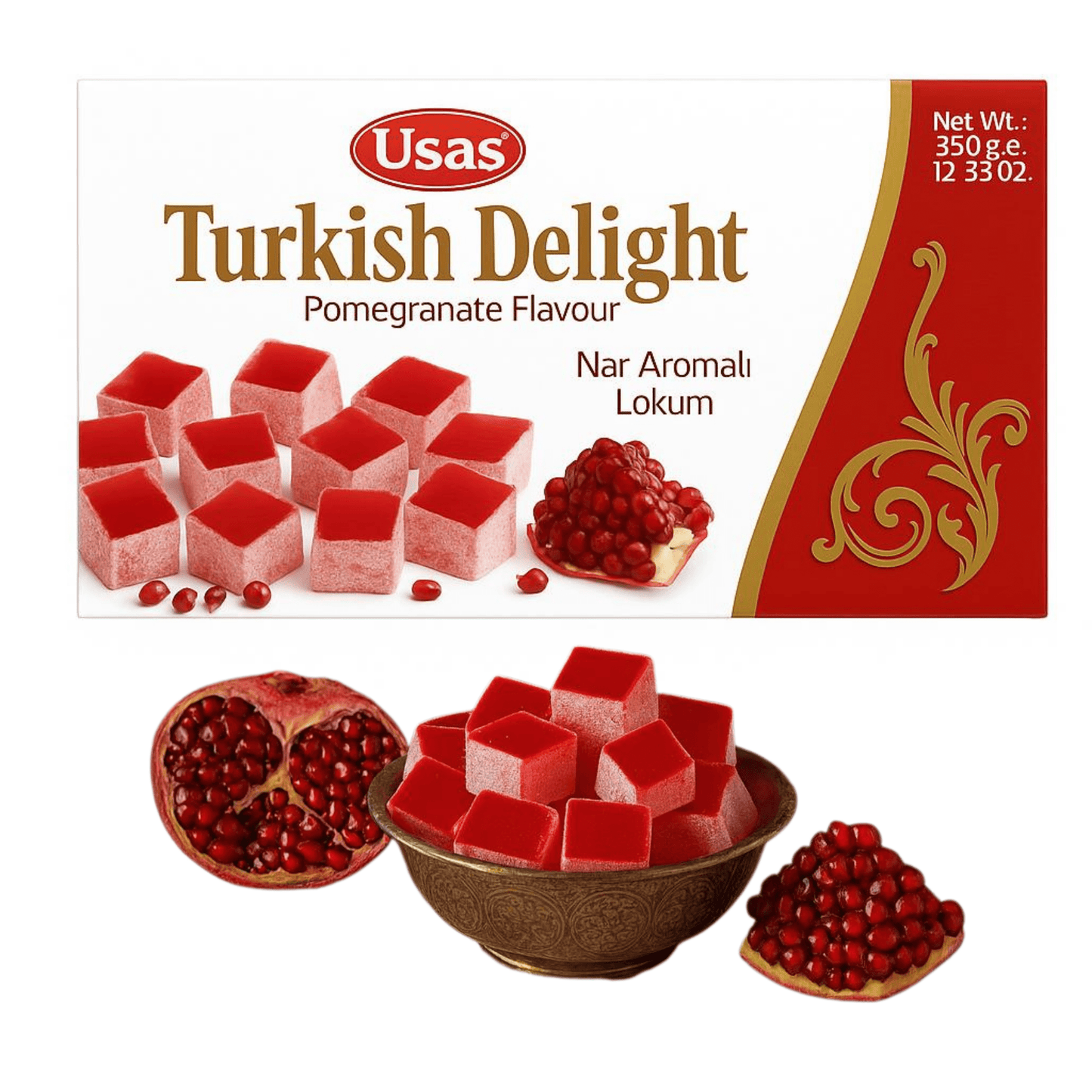 350g Premium-Qualität Turkish Delight, Lokum mit Granatapfelgeschmack– Ohne Palmöl & Glukosesirup –Türkische Süssigkeiten, Traditionelle Süßigkeit aus der Türkei (1 Stück, Granatapfel Delight)