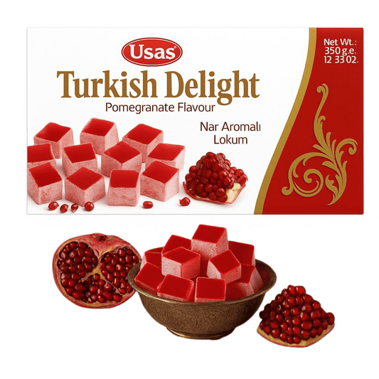 350g Premium-Qualität Turkish Delight, Lokum mit Granatapfelgeschmack– Ohne Palmöl & Glukosesirup –Türkische Süssigkeiten, Traditionelle Süßigkeit aus der Türkei (1 Stück, Granatapfel Delight)