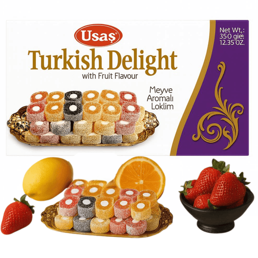 Premium-Qualität Turkish Delight, Früchtemix Lokum – 350g – Ohne Palmöl & Glukosesirup –Türkische Süssigkeiten, Traditionelle Süßigkeit aus der Türkei (1 Stück, Früchtemix-Delight)