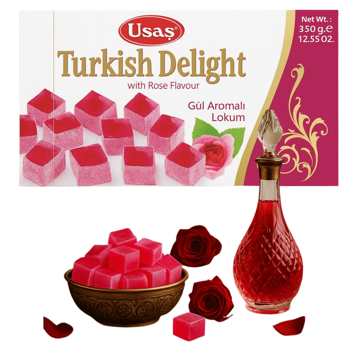 Premium Quality Turkish Delight, Lokum with Rose Flavor – 350g – Without Palm Oil &amp; Glucose Syrup – Turkish Sweets, Traditional Sweet from Turkey (1 piece, Rose Delight) 
