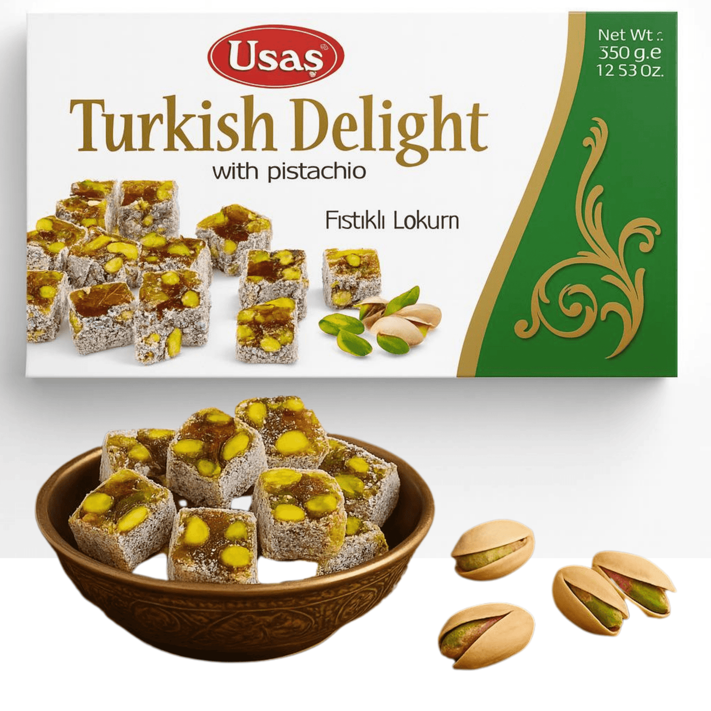 Üstün Kalitede Türk Lokumu, Antep Fıstıklı Lokum – 350g – Palm Yağı ve Glikoz Şurubu İçermez – Türk Tatlıları, Türkiye'den Geleneksel Tatlı (1 adet, Antep Fıstıklı Lokum) 