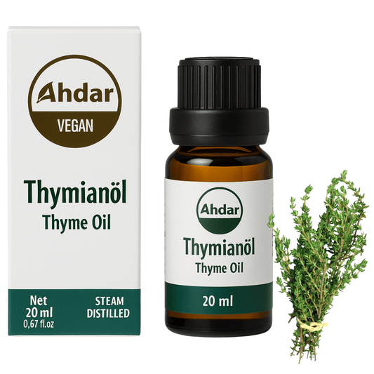 Premium Thymianöl 20 ml, 100% naturrein, ohne Zusatzstoffe & kaltgepresst im Glasflasche lichtgeschützt, 99% echtes Thymianöl für Massage, Pflege & Lebensmittel geeignet
