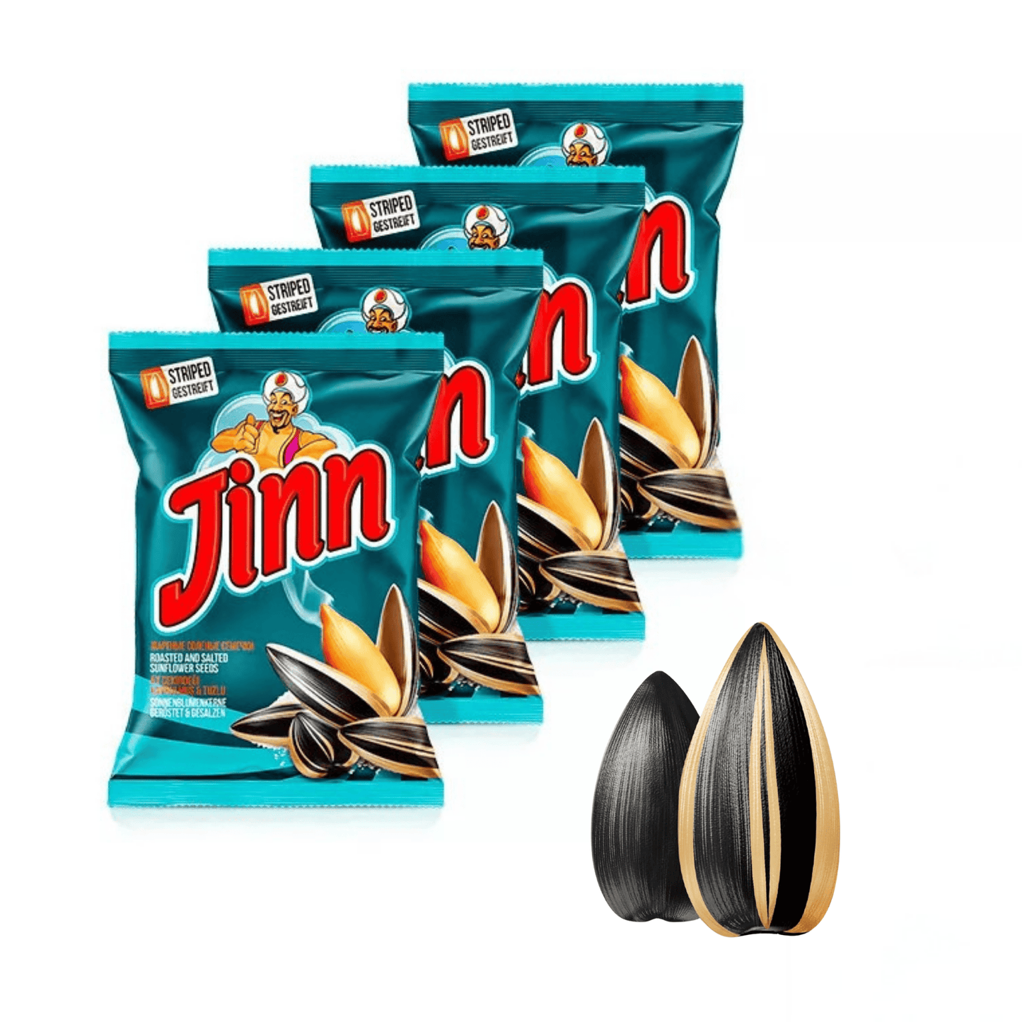 Jinn Geröstete Sonnenblumenkerne mit Schale | Perfekt für Snacks und Pausen | Ohne Zusatzstoffe, Natürlich | 100% Frisch und Knusprig (4 Stück, Gesalzen)