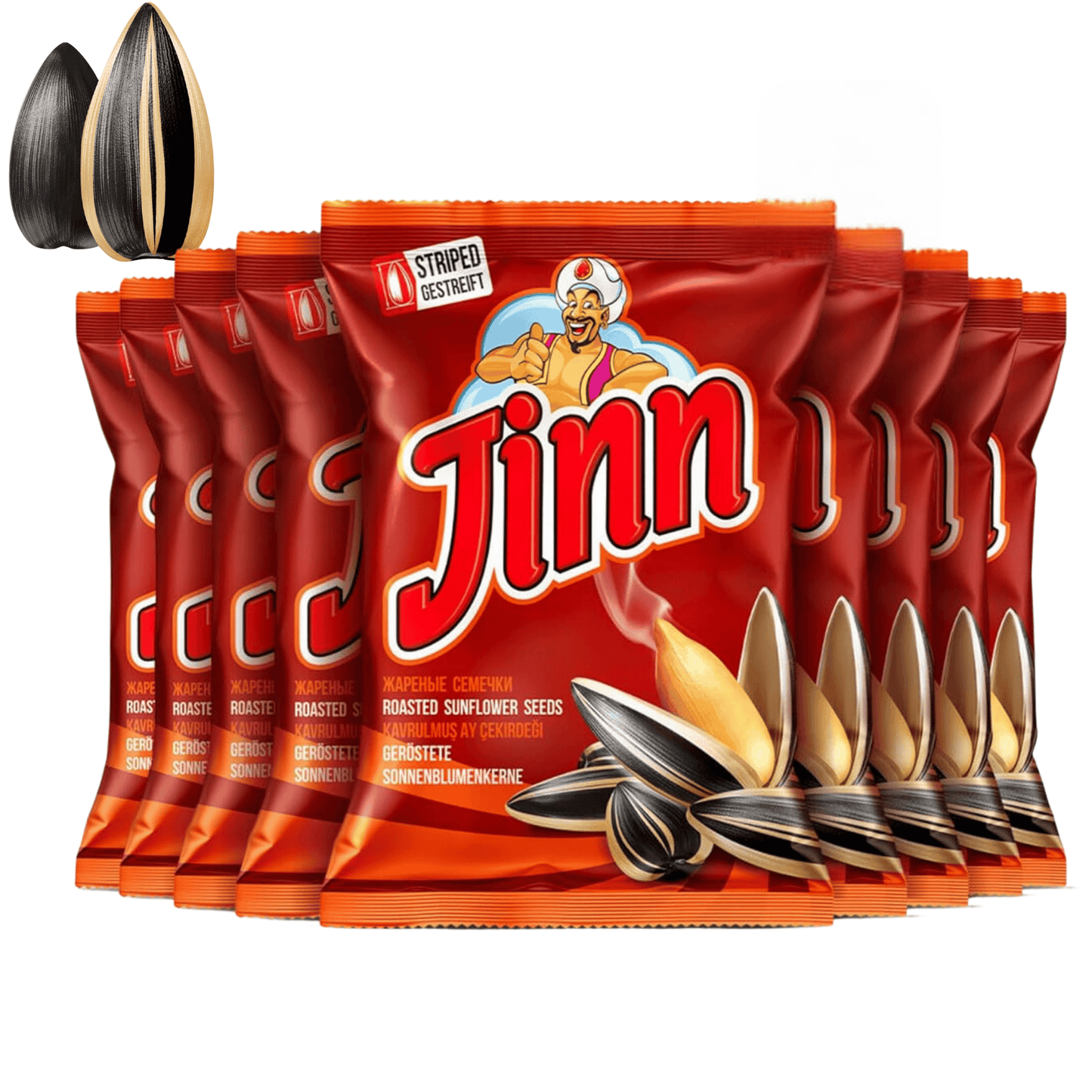 Jinn Geröstete Sonnenblumenkerne mit Schale, 10 x 250g | Perfekt für Snacks und Pausen | Ohne Zusatzstoffe, Natürlich | 100% Frisch und Knusprig (10 Stück, Ungesalzen)