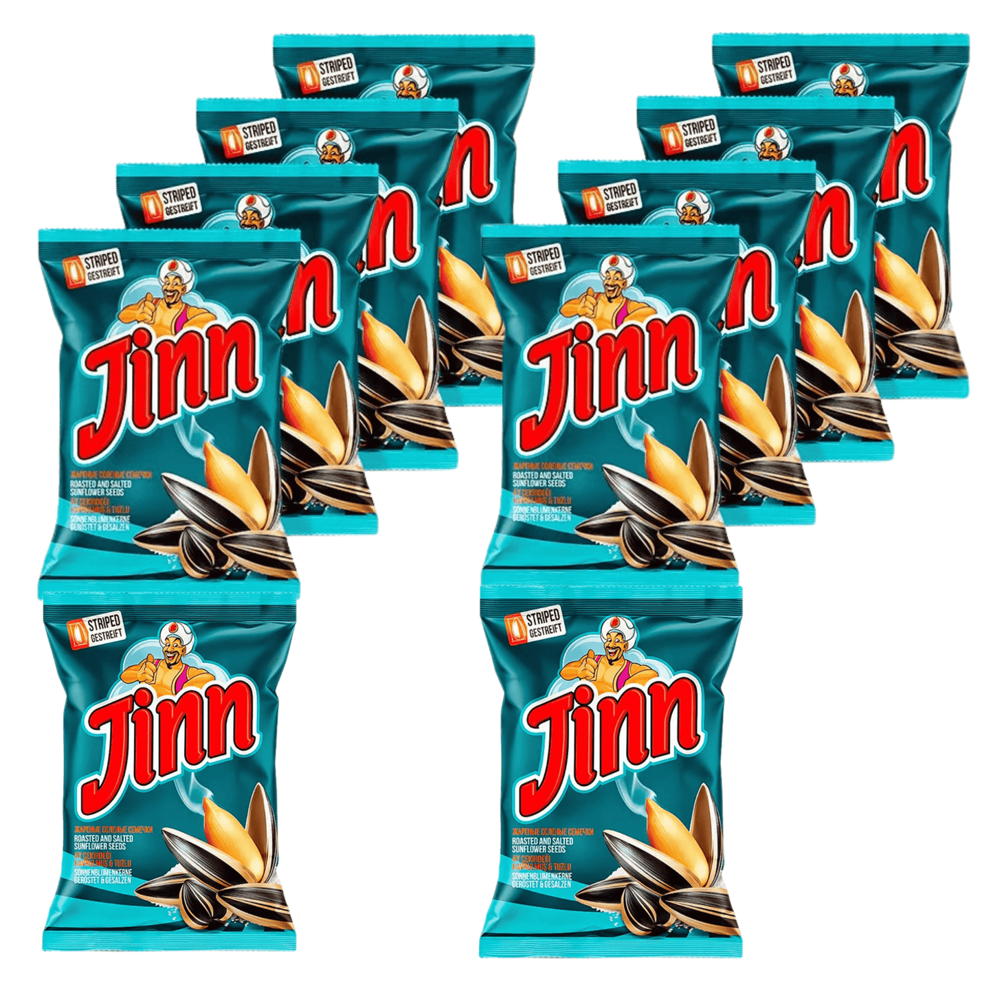 Jinn Geröstete Sonnenblumenkerne mit Schale, 10 x 300g | Perfekt für Snacks und Pausen | Ohne Zusatzstoffe, Natürlich | 100% Frisch und Knusprig (10 Stück, Gesalzen)