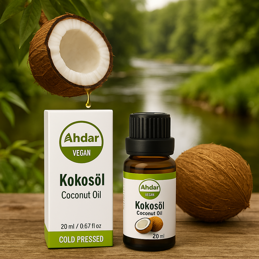 Premium coconut oil 20 ml, 100% pure, additive-free &amp; cold-pressed in a light-protected glass bottle, 98% genuine coconut oil suitable for massage, care &amp; food use. 