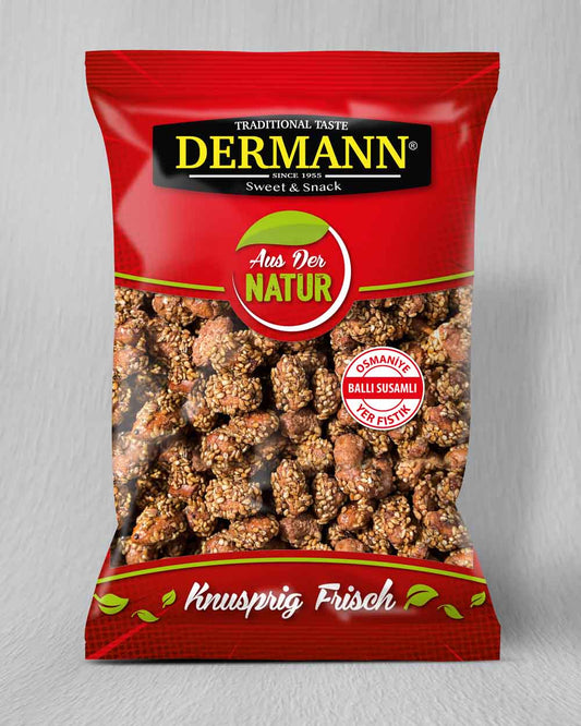 2 Stück × 180 g Erdnüsse mit Sesam, geröstet & süß, mit Haut – Knuspriger Snack für Filmabend & Freunde, Zwischendurch, Party & Büro, Familienfeiern