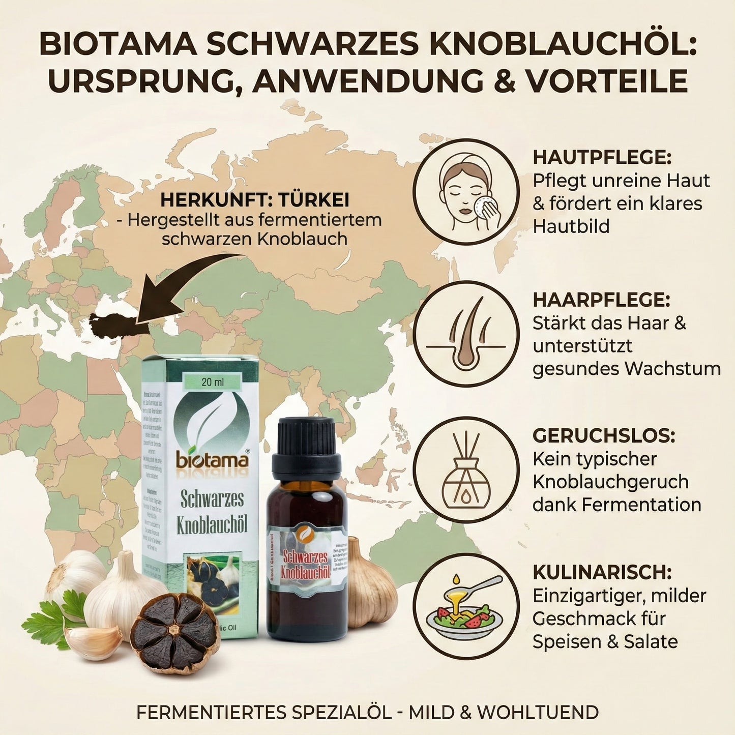 Premium Black Garlic Oil 20 ml, 100% pure, additive-free &amp; cold-pressed in a light-protected glass bottle, 99% genuine black garlic oil suitable for massage, care &amp; food use 