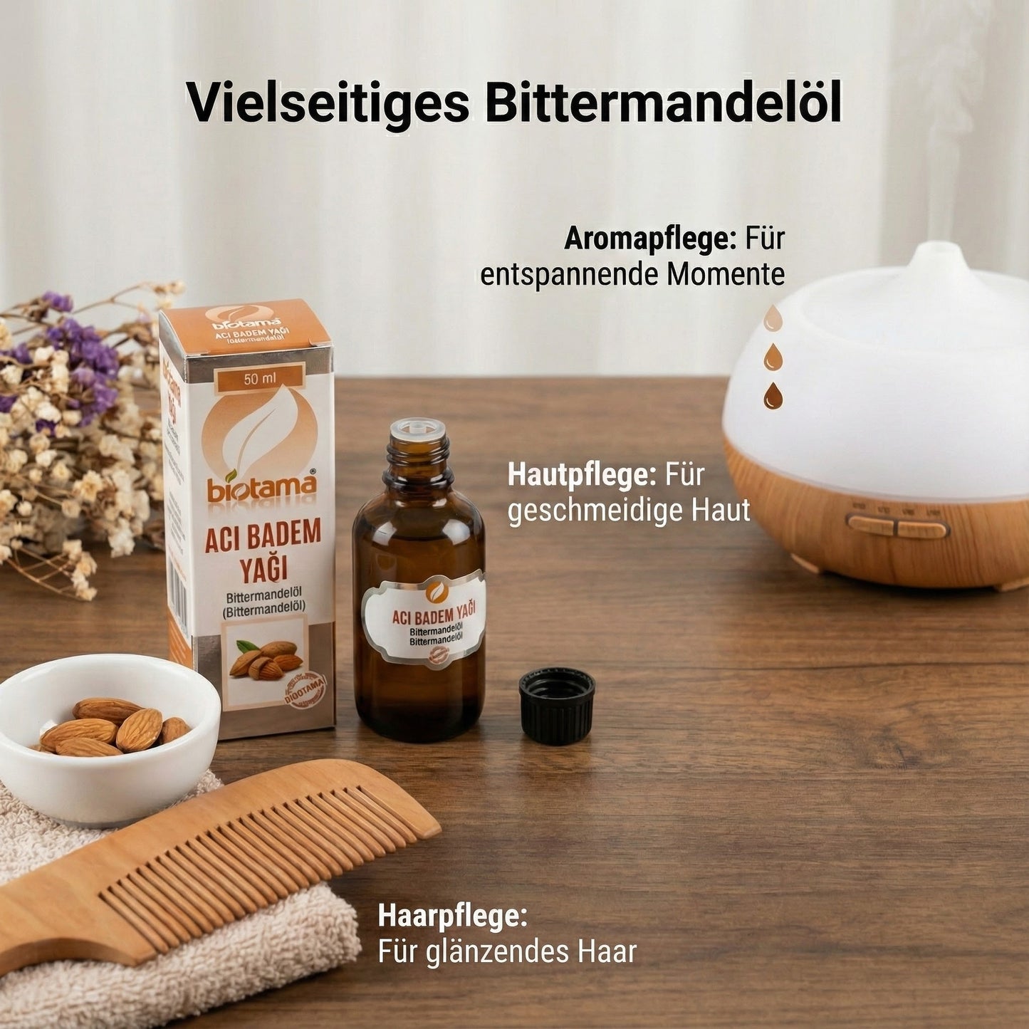 Premium bitter almond oil 50 ml, 100% pure, additive-free, cold-pressed, in a glass bottle, 99% genuine bitter almond oil suitable for massage, skincare, and food use. 