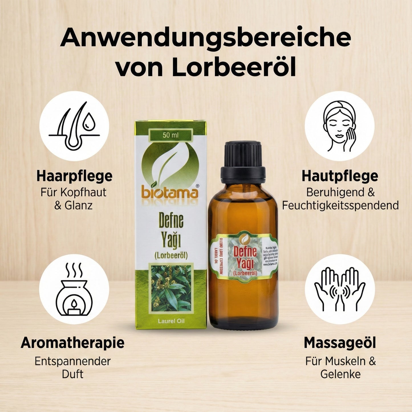 Defne Yağı 50 ml, %100 saf, katkı maddesi içermeyen ve soğuk preslenmiş, ışıktan korunaklı cam şişede, %99 gerçek defne yağı; masaj, bakım ve gıda kullanımına uygundur. 
