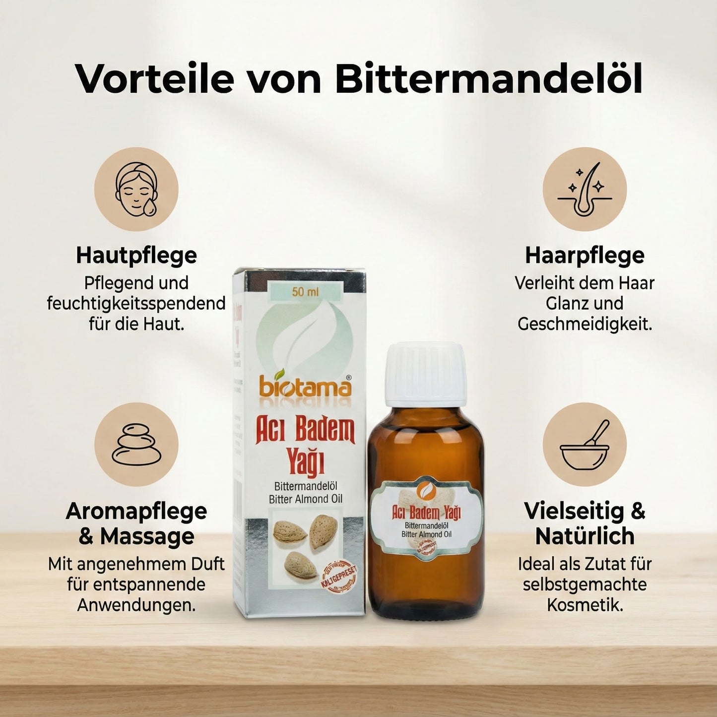 Premium bitter almond oil 50 ml, 100% pure, additive-free, cold-pressed, in a glass bottle, 99% genuine bitter almond oil suitable for massage, skincare, and food use. 