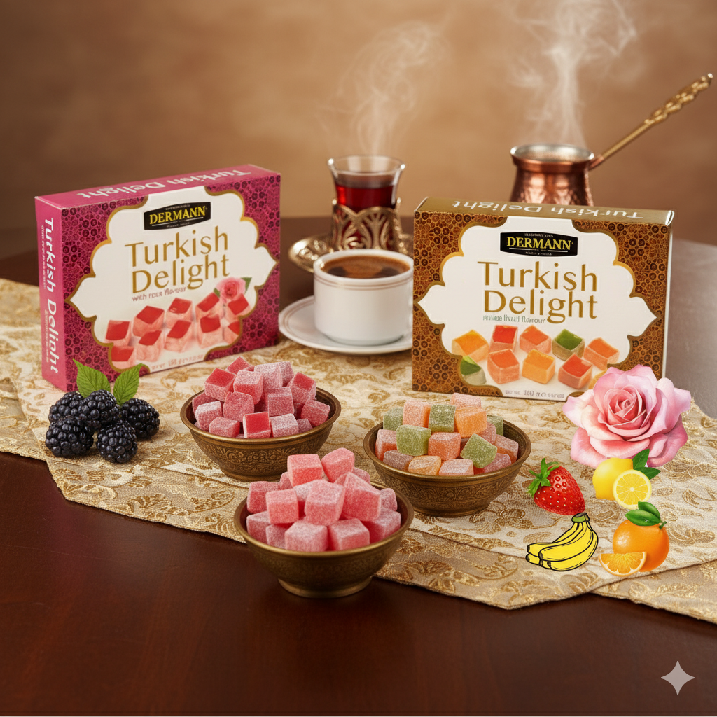 Premium Quality Turkish Delight - Lokum - Fruit Mix (Strawberry, Lemon, Banana, Orange) - 100g - Without Palm Oil &amp; Glucose Syrup - Turkish Sweets, Fruity Candy from Turkey 
