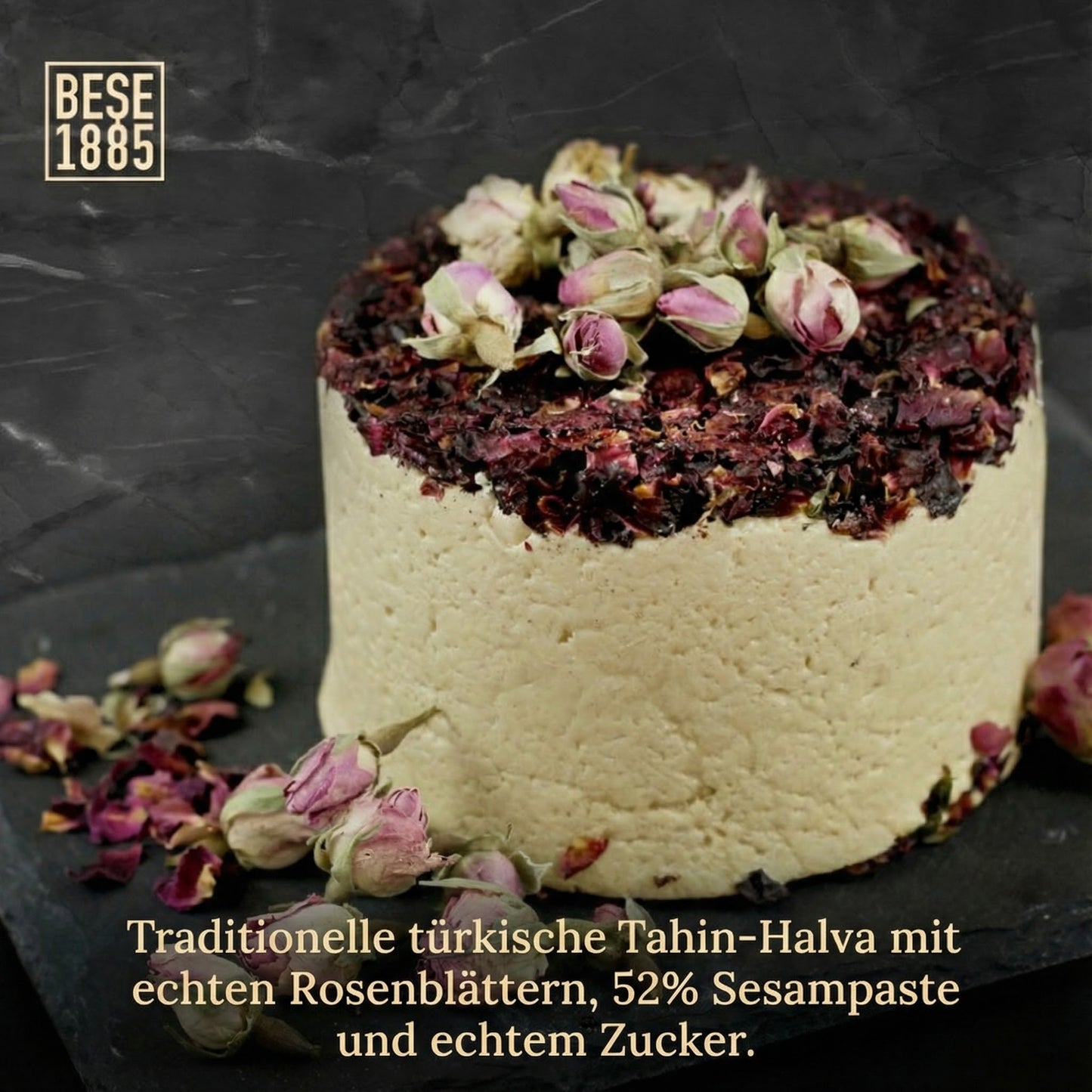 Delicious halva from Turkey, 450g – Special cake-shaped halva, tahini halva – 52% sesame paste – Gluten-free – No glucose syrup, palm oil &amp; artificial sweeteners – Halva (rose with rose petals) 