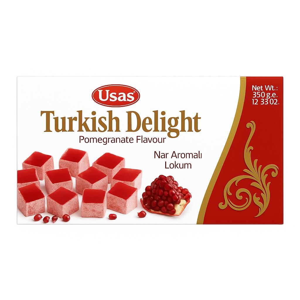 350g Premium-Qualität Turkish Delight, Lokum mit Granatapfelgeschmack– Ohne Palmöl & Glukosesirup –Türkische Süssigkeiten, Traditionelle Süßigkeit aus der Türkei (1 Stück, Granatapfel Delight)