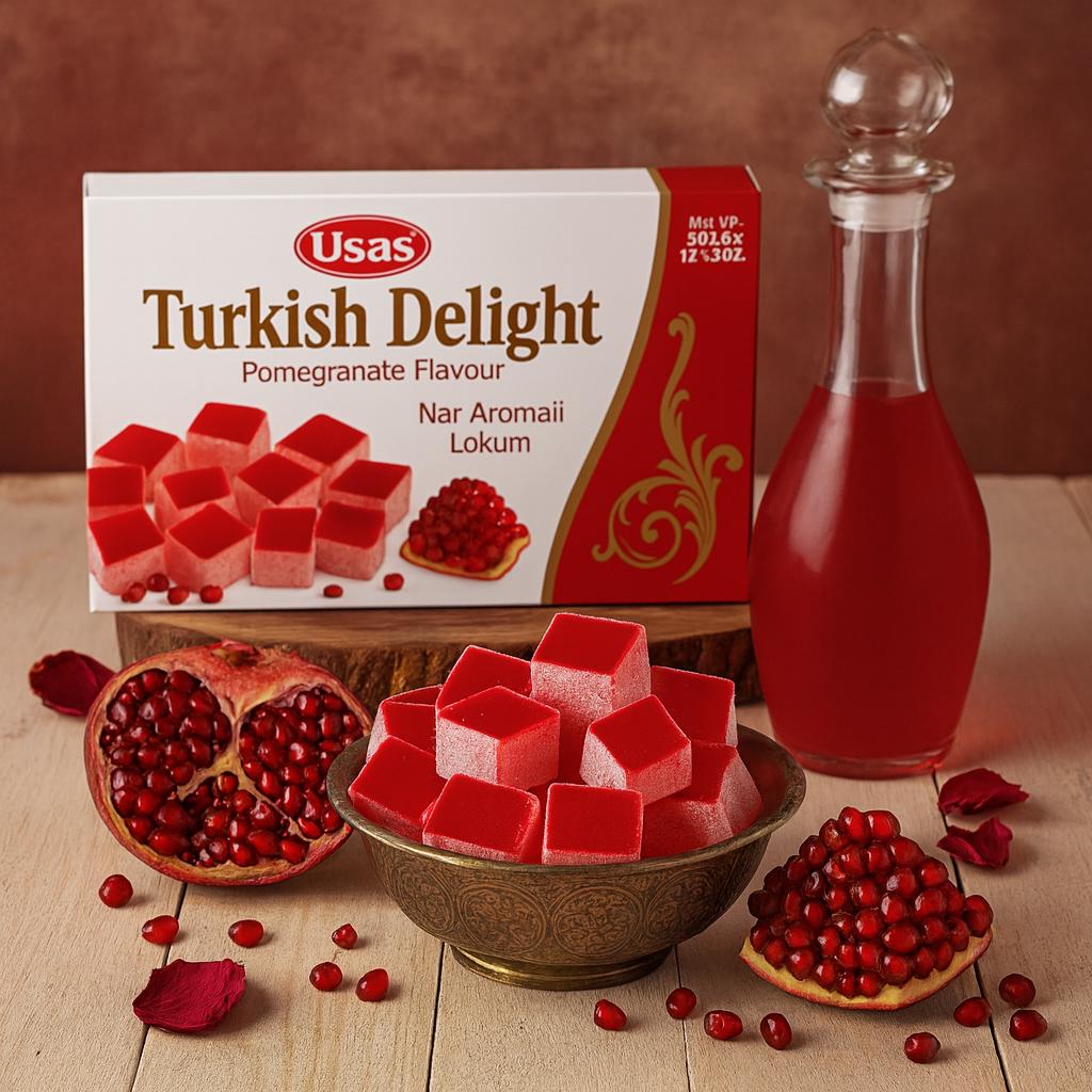 350g Premium-Qualität Turkish Delight, Lokum mit Granatapfelgeschmack– Ohne Palmöl & Glukosesirup –Türkische Süssigkeiten, Traditionelle Süßigkeit aus der Türkei (1 Stück, Granatapfel Delight)