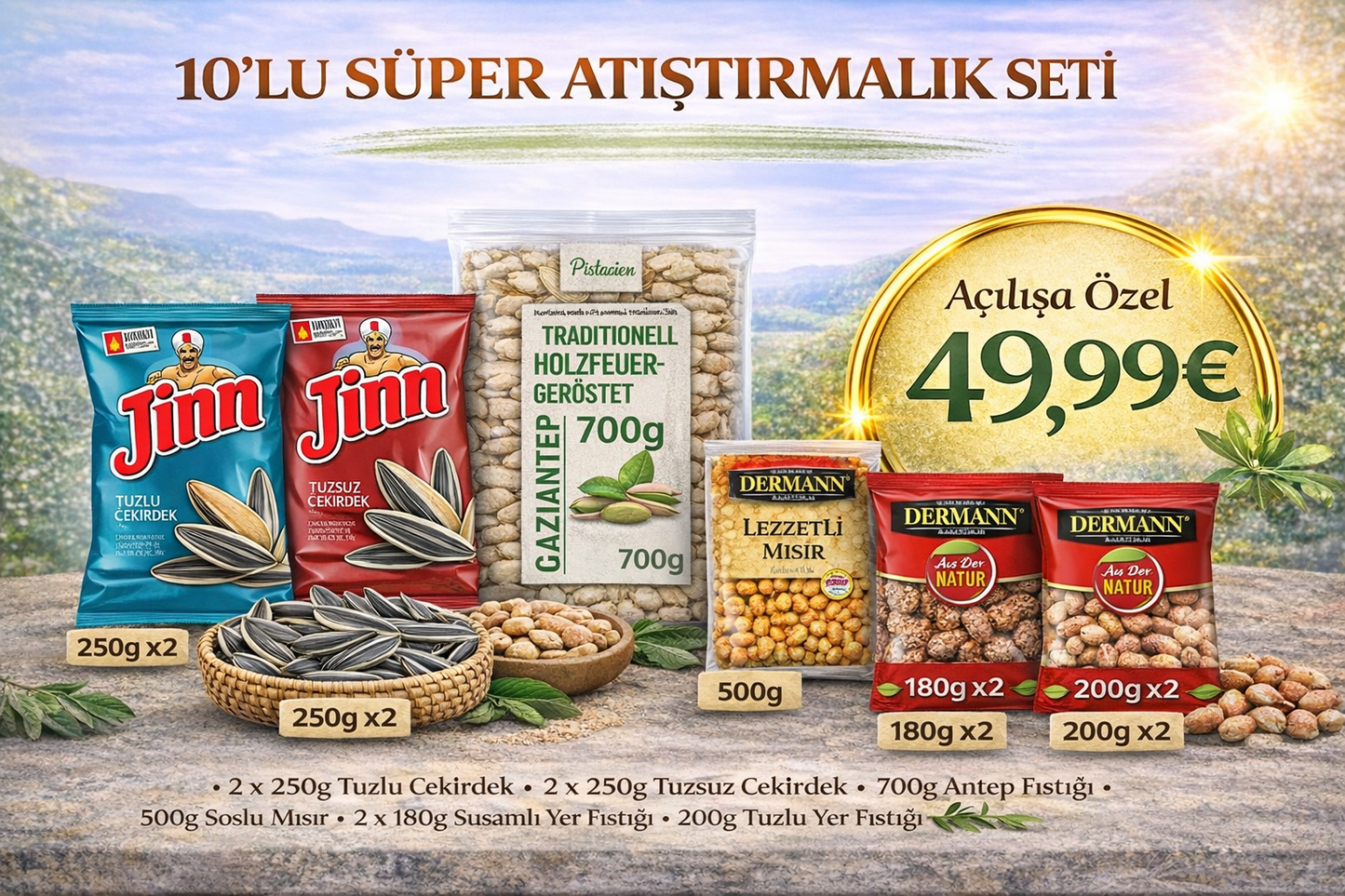 Snack Mix Set 10'lu – Fındık, Antep Fıstığı, Mısır & Ay Çekirdeği