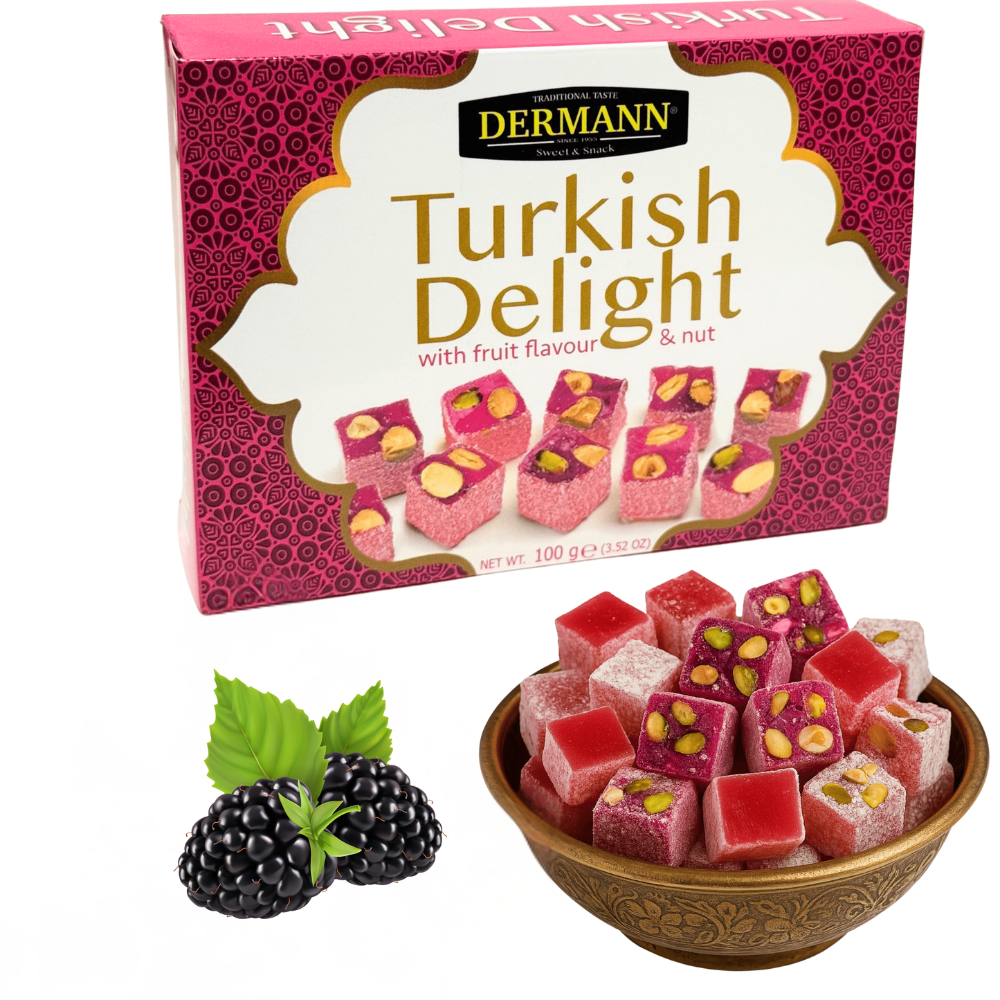 Üstün Kalitede Türk Lokumu - Böğürtlenli, Meyveli ve Kuruyemişli ( %2 Fındık, %2 Yer Fıstığı, %2 Badem, %2 Antep Fıstığı) - 100g - Palm Yağı ve Glikoz Şurubu İçermez - Türk Tatlıları 