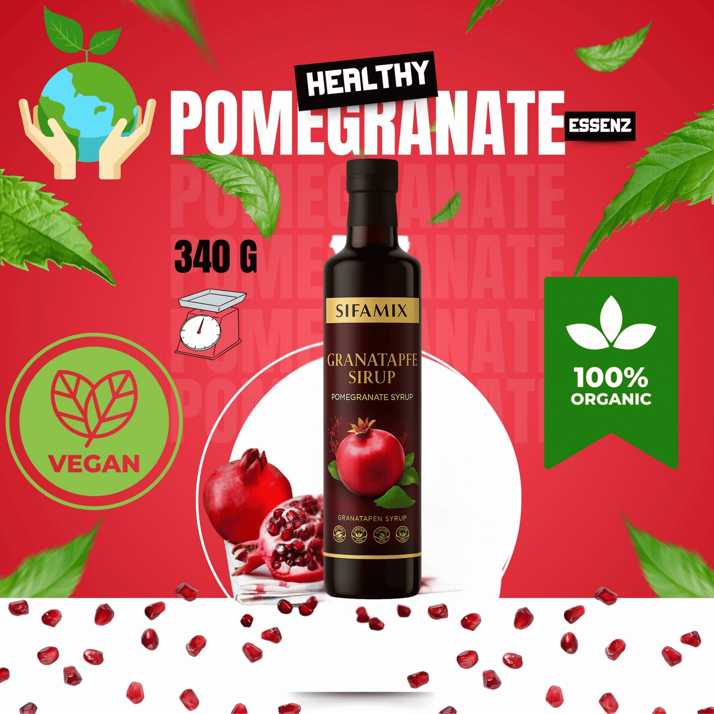 340g Pomegranate Syrup – 100% Pure Pomegranate Essence from Sun-Ripened Turkish Pomegranates | Pomegranate Molasses, Vegan, Gluten-Free &amp; No Additives (1 Bottle of Pomegranate Syrup) 