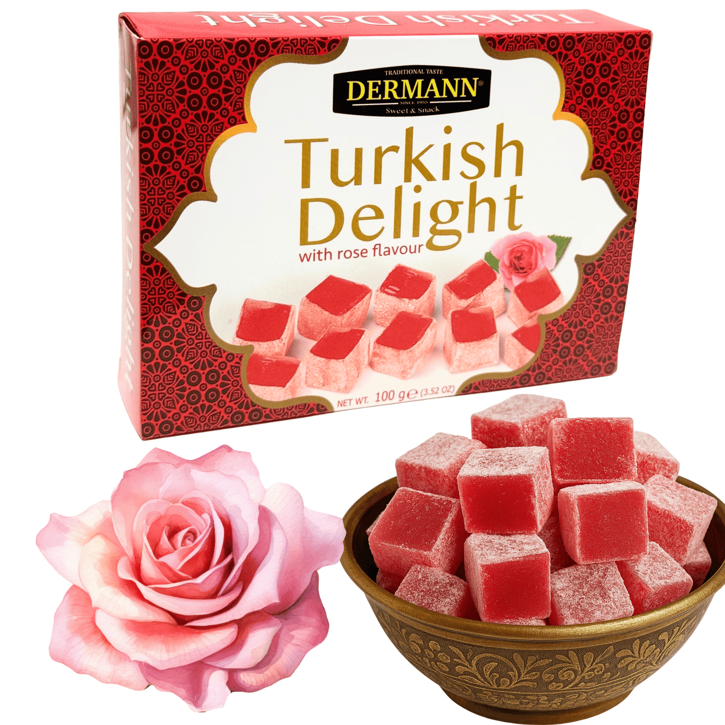 Premium Quality Turkish Delight - Lokum with Rose Flavor - 100g - Delicate &amp; Aromatic - Without Palm Oil &amp; Glucose Syrup - Turkish Sweets, Traditional Sweet from Turkey 