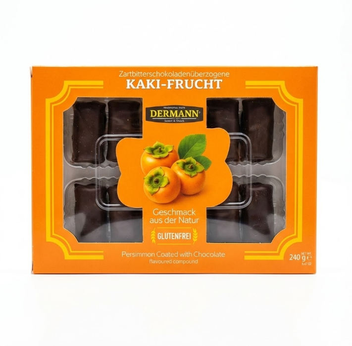 240 g Kandierte Kaki (Persimone) mit Bitter-Konfiserie überzogen – 22% Kakianteil – Einzeln verpackt – Wiederverschließbare Verpackung – Orientalische Süßware