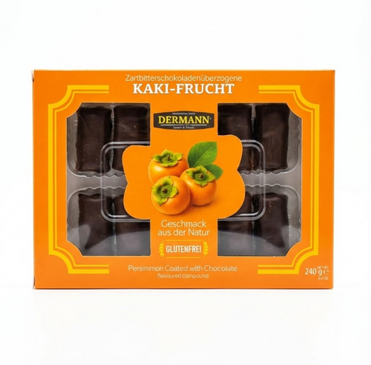 240 g Kandierte Kaki (Persimone) mit Bitter-Konfiserie überzogen – 22% Kakianteil – Einzeln verpackt – Wiederverschließbare Verpackung – Orientalische Süßware