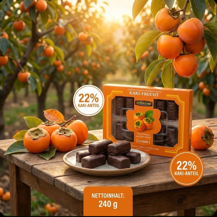 240 g Kandierte Kaki (Persimone) mit Bitter-Konfiserie überzogen – 22% Kakianteil – Einzeln verpackt – Wiederverschließbare Verpackung – Orientalische Süßware