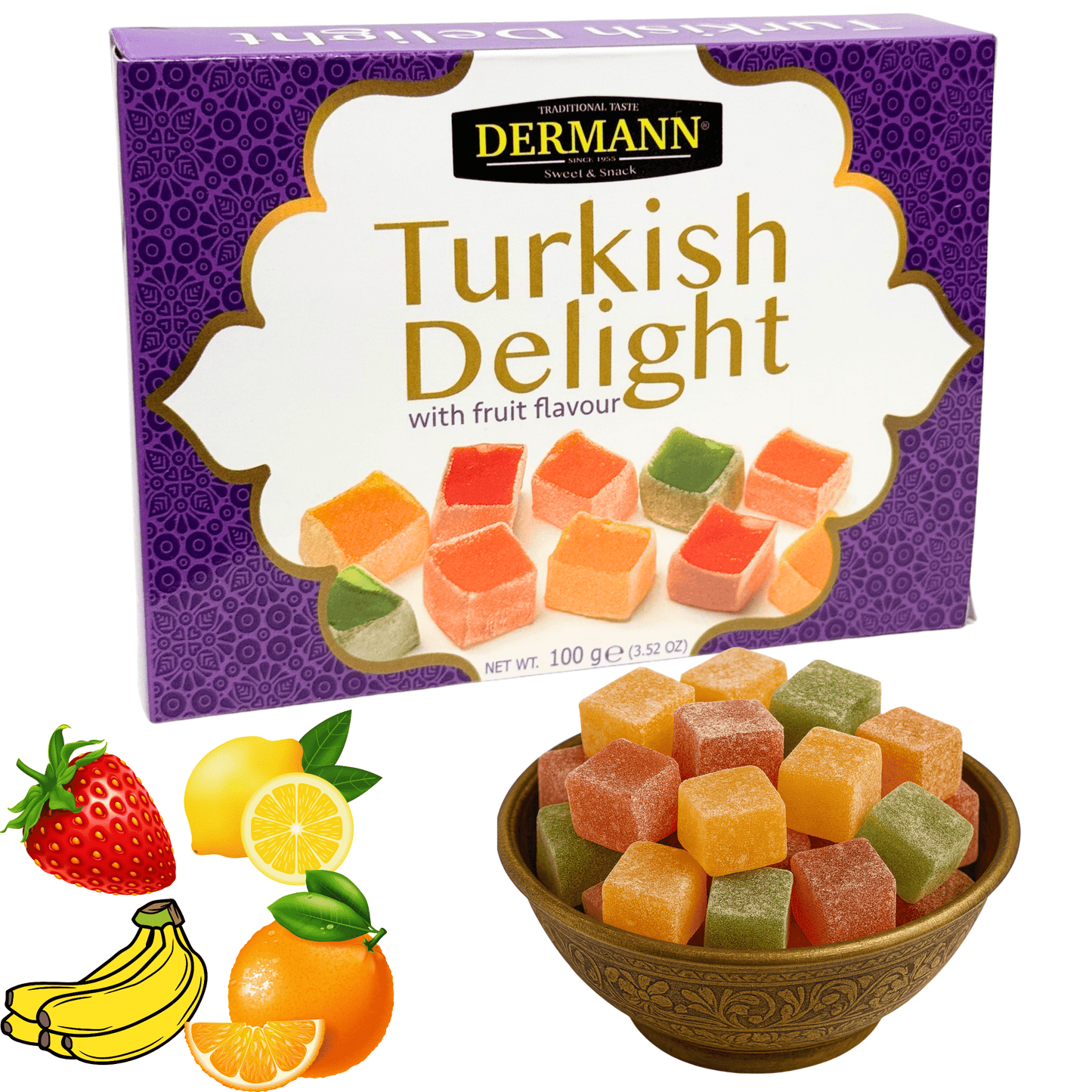 Premium Quality Turkish Delight - Lokum - Fruit Mix (Strawberry, Lemon, Banana, Orange) - 100g - Without Palm Oil &amp; Glucose Syrup - Turkish Sweets, Fruity Candy from Turkey 