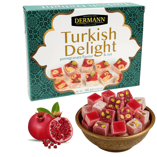 Premium-Qualität Turkish Delight - Lokum – Granatapfel-Geschmack mit Nüssen (2% Haselnuss, 2% Erdnuss, 2% Mandel, 2% Pistazien) – 100g – Ohne Palmöl & Glukosesirup – Türkische Süssigkeiten