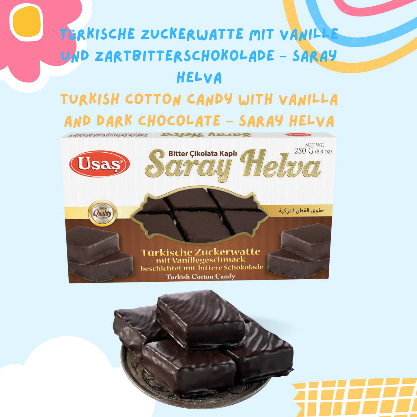 250g Premium Palace Halva - Pismaniye Turkish Cotton Candy with Chocolate Coating and Vanilla Flavor, Halal Sweets &amp; Gift Idea | Candy Cotton (Palace Halva Vanilla &amp; Dark Chocolate 250g) 
