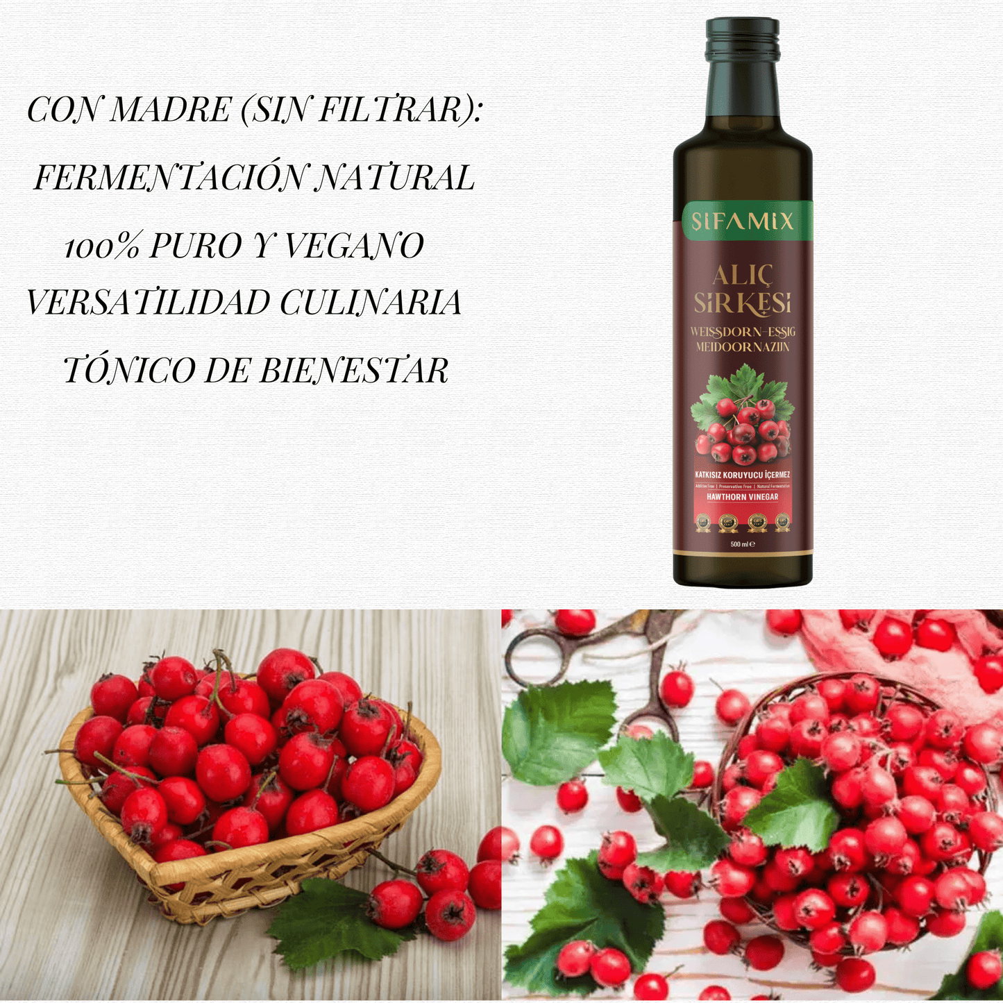 Premium Qualität Weißdornessig 500ml – 100% echter Essig, Mit 20% echten Weißdornfrüchten – kombiniert mit 100% naturreinem Essig – ohne Zusätze – natürliche Fermentation (500 Ml, Weißdornessig)