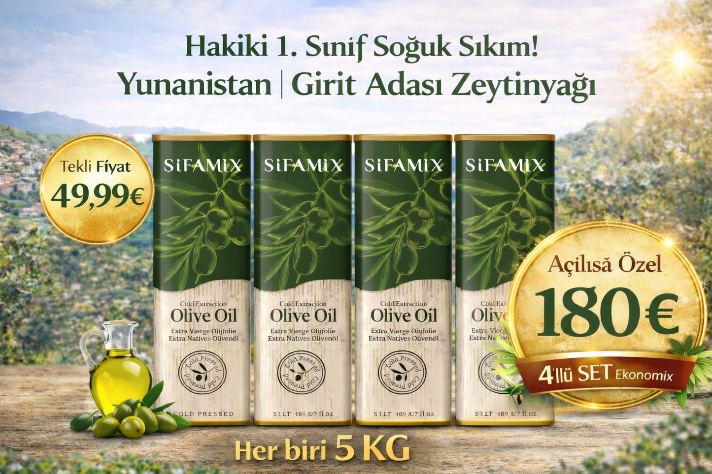 Sifamix Zeytinyağı Extra 4×5 L – Girit, Sızma, Soğuk Sıkım